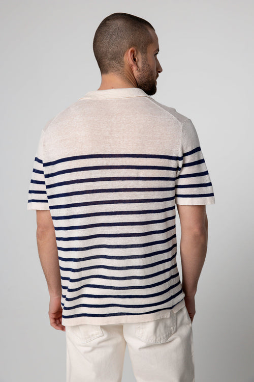 Polo Blue Moon à rayures Blanches Manches Courtes en Lin - MAJESTIC FILATURES