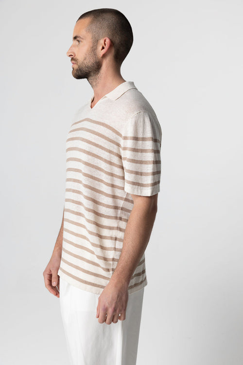 Polo Désert à rayures Blanches Manches Courtes en Lin - MAJESTIC FILATURES