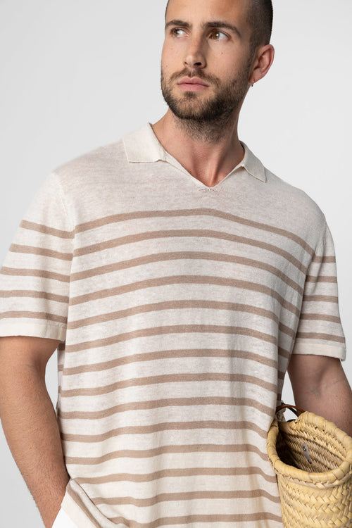 Polo Désert à rayures Blanches Manches Courtes en Lin - MAJESTIC FILATURES