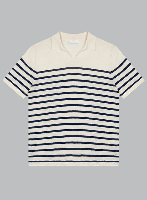 Short-Sleeve Linen Polo with White Stripes in Blue Moon - MAJESTIC FILATURES