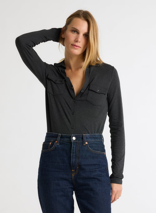 Shirt Anthracite Chiné Long Sleeves in Viscose and Elastane - MAJESTIC FILATURES