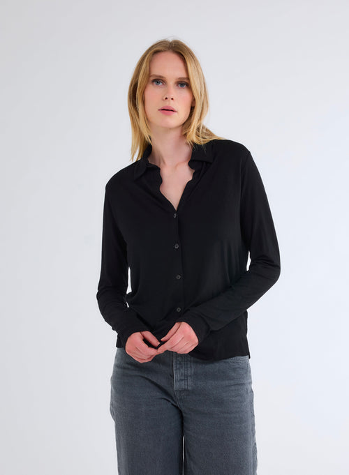 Chemise Noire Manches Longues en Viscose et Élasthanne - MAJESTIC FILATURES