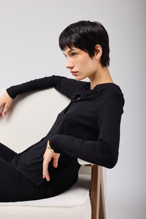 Chemise Noire Manches Longues en Viscose et Élasthanne - MAJESTIC FILATURES
