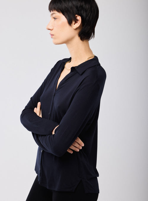 Navy Long Sleeve Shirt in Viscose and Elastane - MAJESTIC FILATURES