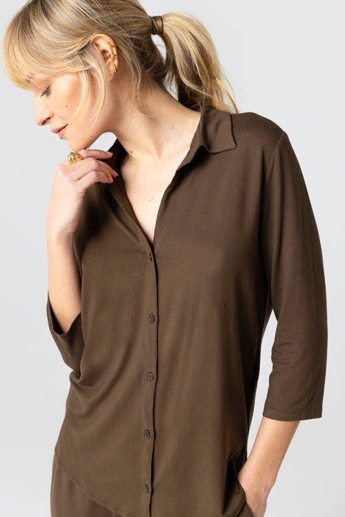 Chemise Marron Foncé Manches 3/4 en Viscose / Elasthanne - MAJESTIC FILATURES