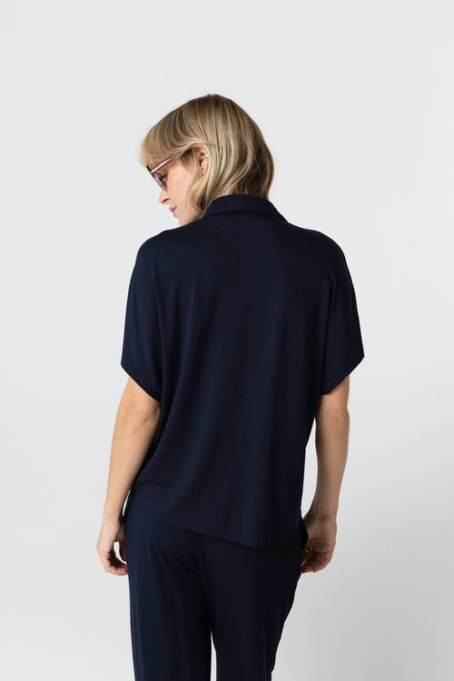 Camisa azul marino de manga corta en viscosa/elastano - MAJESTIC FILATURES