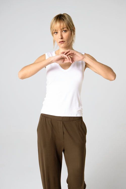 Débardeur Blanc Col V Sans Manches en Viscose / Elasthanne - MAJESTIC FILATURES