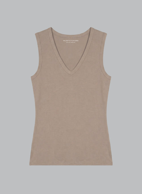 Camiseta sin mangas Café con leche con cuello en V de viscosa/elastano - MAJESTIC FILATURES