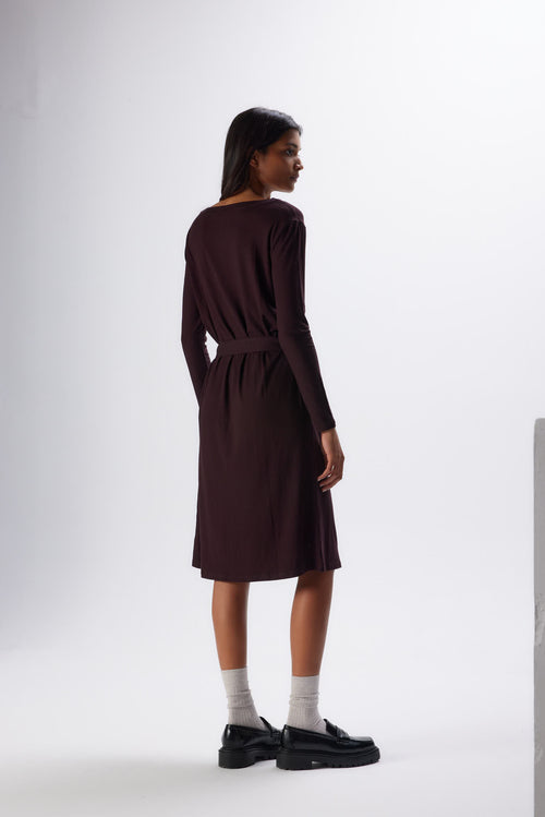 Vestido de manga larga con cuello barco berenjena en viscosa y elastano - MAJESTIC FILATURES