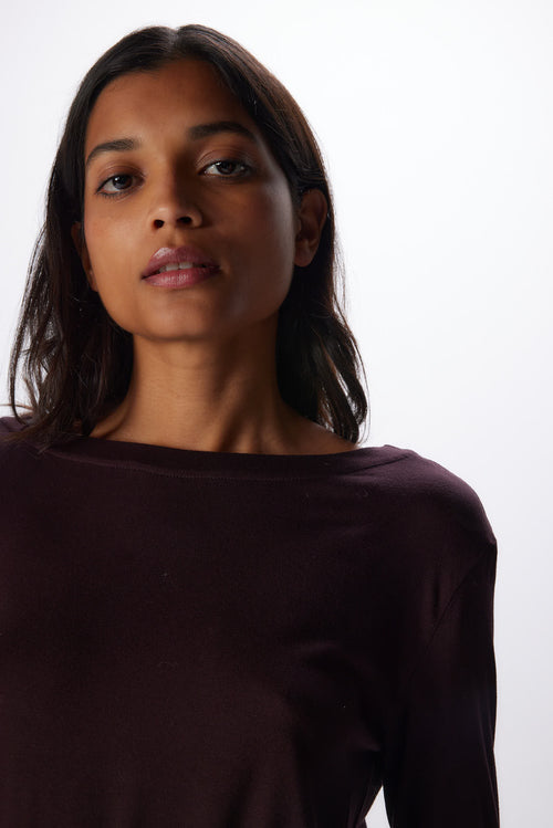 Vestido de manga larga con cuello barco berenjena en viscosa y elastano - MAJESTIC FILATURES