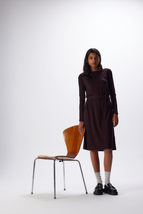 Vestido de manga larga con cuello barco berenjena en viscosa y elastano - MAJESTIC FILATURES