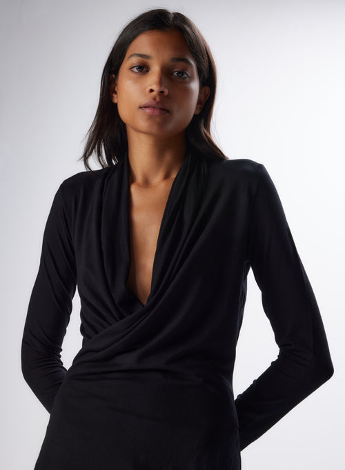 Black Cowl Neck Long Sleeve Viscose and Elastane Dress - MAJESTIC FILATURES