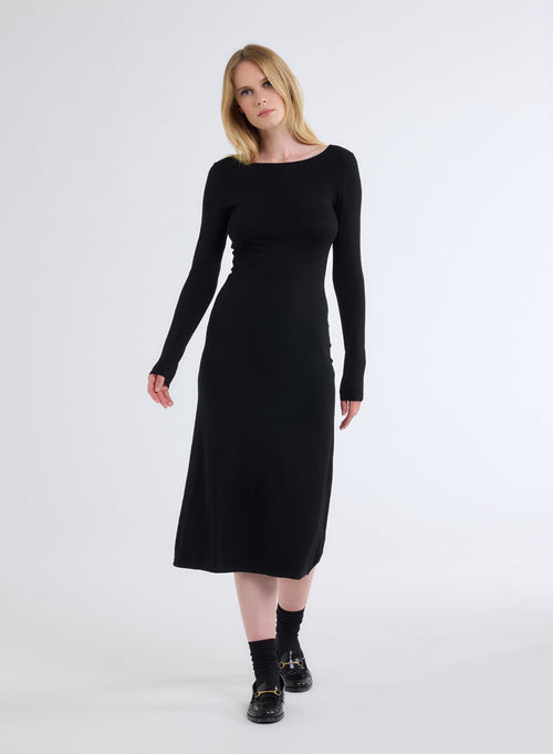 Robe Noire Col Bateau Manches Longues en Viscose / Elasthanne - MAJESTIC FILATURES