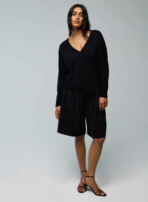 T-shirt Noir Col V Manches Longues en Viscose / Elasthanne - MAJESTIC FILATURES