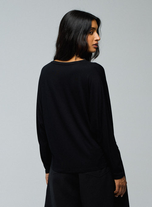 T-shirt Noir Col V Manches Longues en Viscose / Elasthanne - MAJESTIC FILATURES