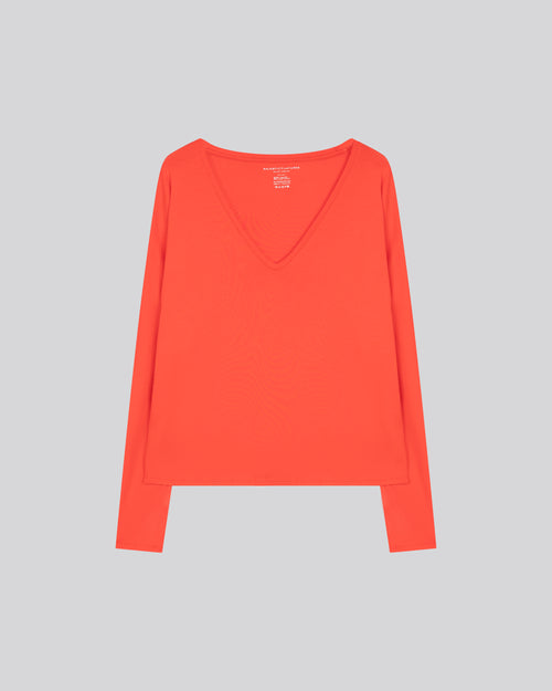 T-shirt Orange Col V Manches Longues en Viscose / Elasthanne - MAJESTIC FILATURES