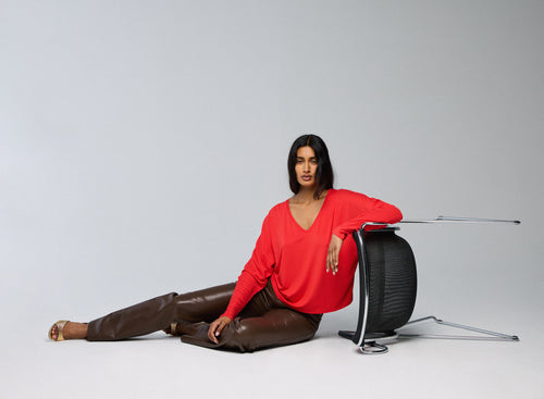 T-shirt Orange Col V Manches Longues en Viscose / Elasthanne - MAJESTIC FILATURES