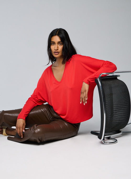 T-shirt Orange Col V Manches Longues en Viscose / Elasthanne - MAJESTIC FILATURES