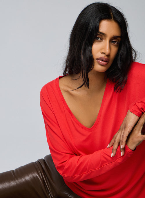 T-shirt Orange Col V Manches Longues en Viscose / Elasthanne - MAJESTIC FILATURES