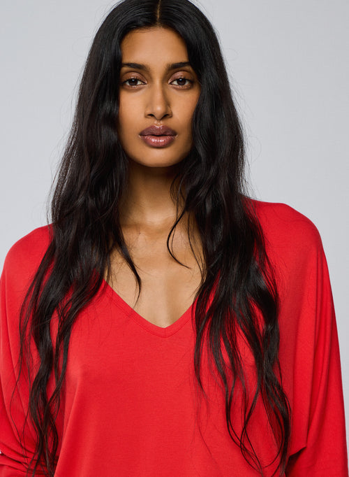 T-shirt Orange Col V Manches Longues en Viscose / Elasthanne - MAJESTIC FILATURES