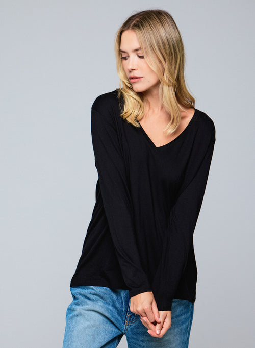 T-shirt Noir Col V Manches Longues en Viscose / Elasthanne - MAJESTIC FILATURES