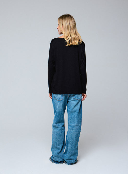 T-shirt Noir Col V Manches Longues en Viscose / Elasthanne - MAJESTIC FILATURES