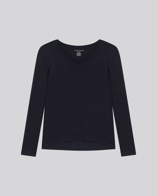 T-shirt Marine Col V Manches Longues en Viscose / Elasthanne - MAJESTIC FILATURES