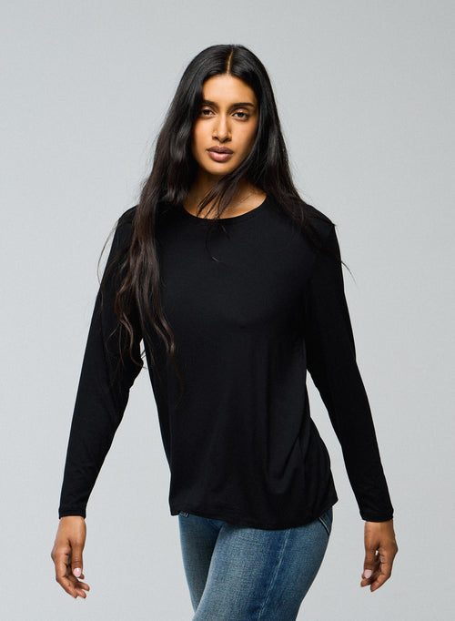 T-shirt Noir Col Rond Manches Longues en Viscose / Elasthanne - MAJESTIC FILATURES