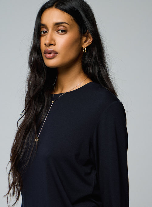 T-shirt Marine Col Rond Manches Longues en Viscose / Elasthanne - MAJESTIC FILATURES