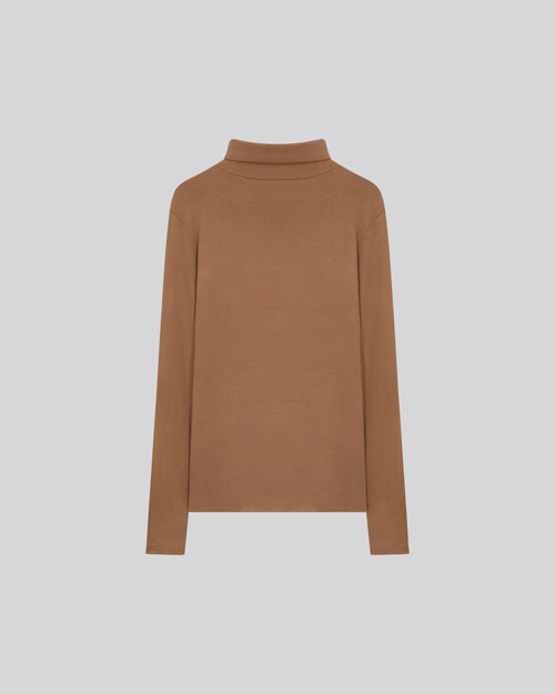 T-shirt Beige Col Roulé Manches Longues en Viscose et Elasthanne - MAJESTIC FILATURES