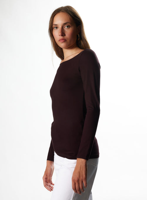 T-shirt Aubergine Col Bateau Manches 3/4 en Viscose et Élasthanne - MAJESTIC FILATURES