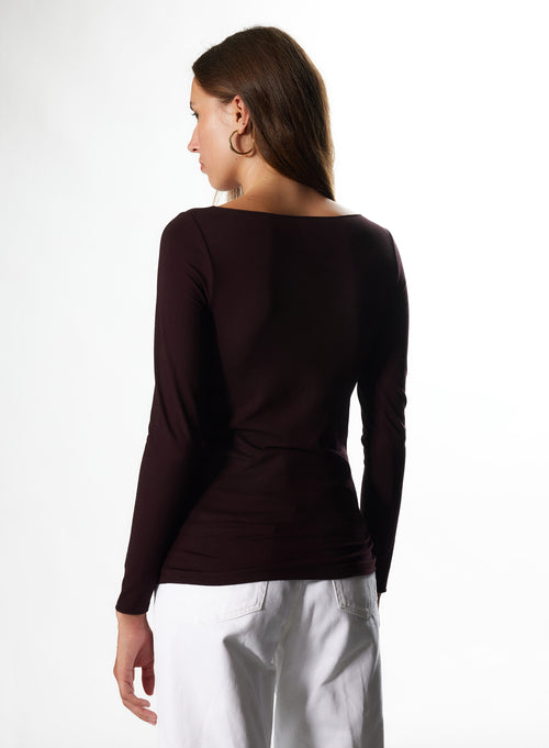 T-shirt Aubergine Col Bateau Manches 3/4 en Viscose et Élasthanne - MAJESTIC FILATURES