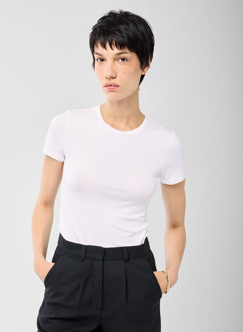 White Round Neck Short Sleeves T-shirt in Viscose Elastane WOMEN