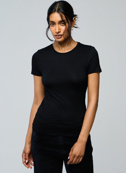 T-shirt Noir Col Rond Manches Courtes en Viscose et Élasthanne - MAJESTIC FILATURES