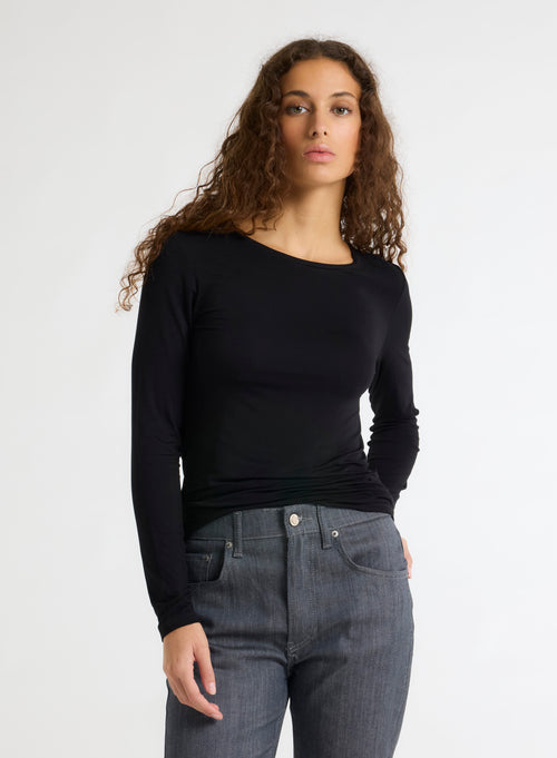 T-shirt Noir Ally Col Rond en Viscose et Élasthanne - MAJESTIC FILATURES