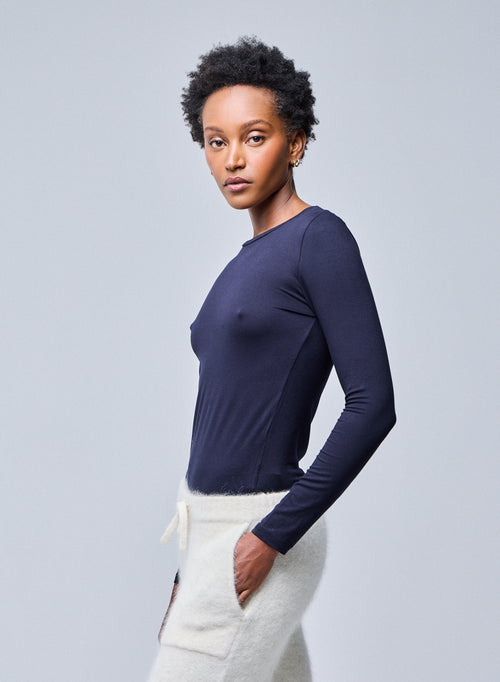 T-shirt Marine Col Rond Manches Longues en Viscose / Élasthanne - MAJESTIC FILATURES