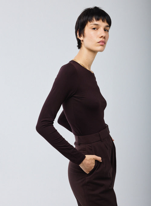 T-shirt Aubergine Col Rond Manches Longues en Viscose / Elasthanne - MAJESTIC FILATURES