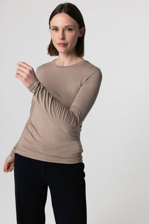Beige Round Neck Long Sleeves T-shirt in Viscose / Elastane - MAJESTIC FILATURES
