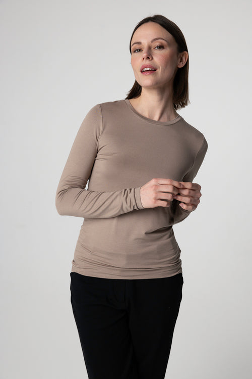 T-shirt Marron Col Rond Manches Longues en Viscose / Elasthanne - MAJESTIC FILATURES
