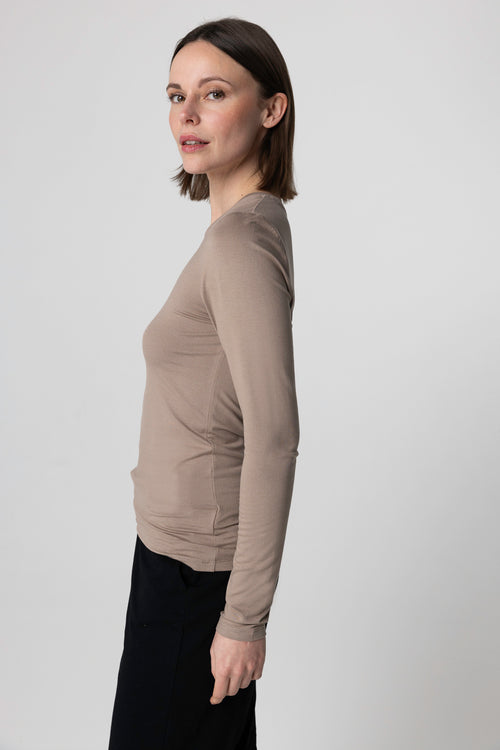 Beige Round Neck Long Sleeves T-shirt in Viscose / Elastane - MAJESTIC FILATURES