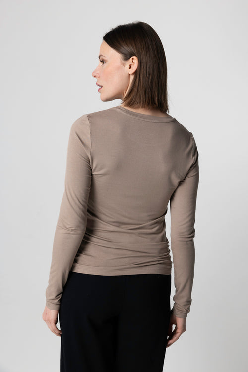 Beige Round Neck Long Sleeves T-shirt in Viscose / Elastane - MAJESTIC FILATURES