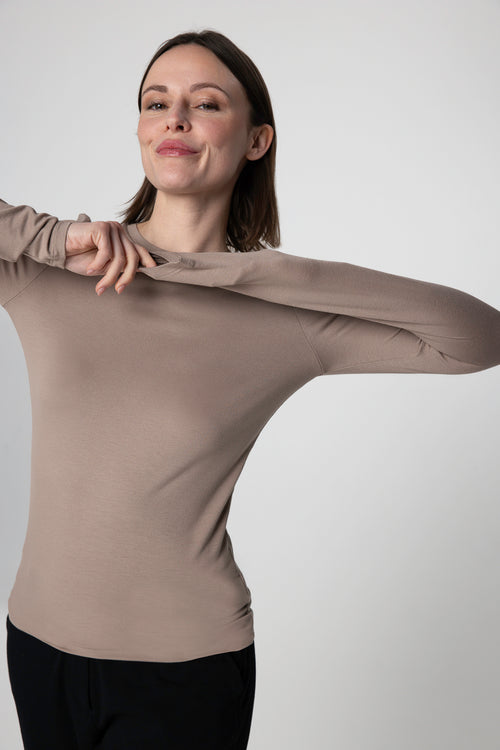 T-shirt Marron Col Rond Manches Longues en Viscose / Elasthanne - MAJESTIC FILATURES