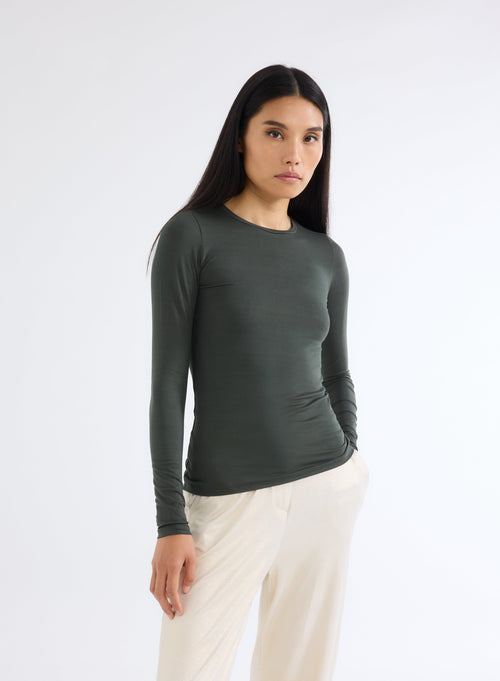 T-shirt Vert Ally Col Rond en Viscose et Élasthanne - MAJESTIC FILATURES