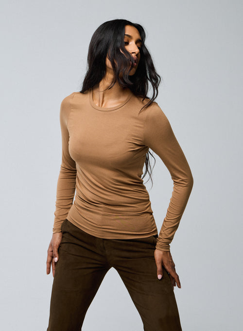 T-shirt Beige Col Rond Manches Longues en Viscose / Elasthanne - MAJESTIC FILATURES