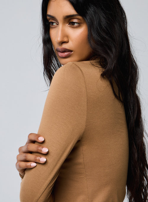 T-shirt Beige Col Rond Manches Longues en Viscose / Elasthanne - MAJESTIC FILATURES