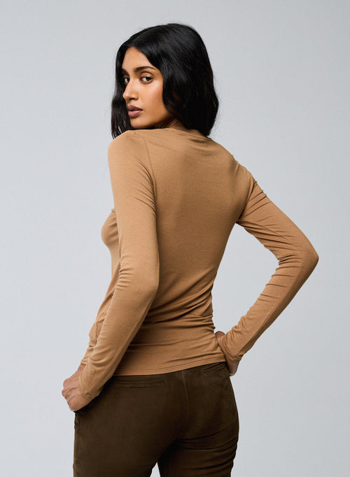 T-shirt Beige Col Rond Manches Longues en Viscose / Elasthanne - MAJESTIC FILATURES