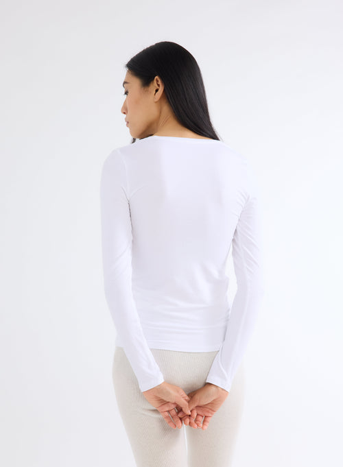 White V-Neck Long Sleeve T-Shirt in Viscose and Elastane - MAJESTIC FILATURES