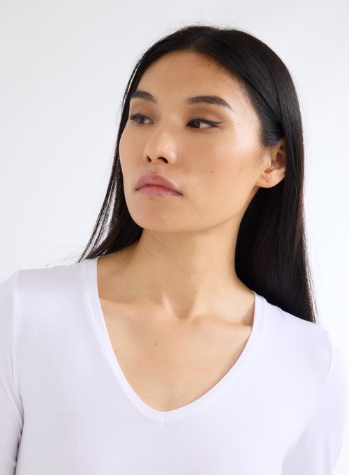 White V-Neck Long Sleeve T-Shirt in Viscose and Elastane - MAJESTIC FILATURES