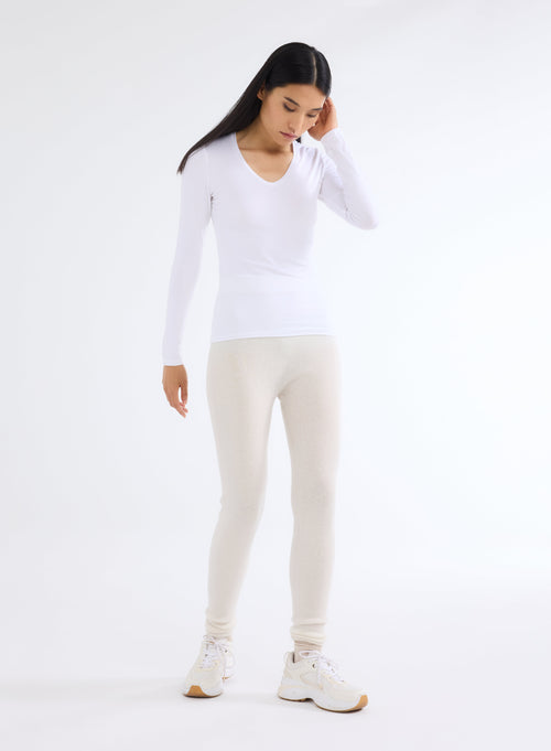 White V-Neck Long Sleeve T-Shirt in Viscose and Elastane - MAJESTIC FILATURES