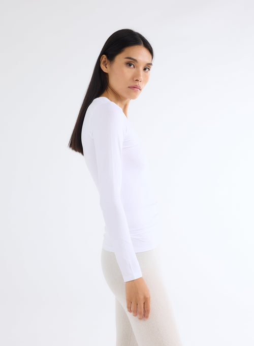 White V-Neck Long Sleeve T-Shirt in Viscose and Elastane - MAJESTIC FILATURES